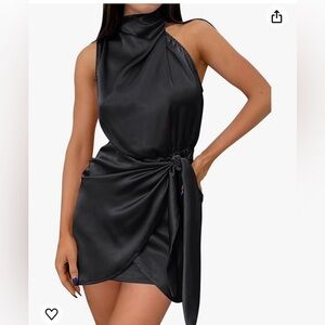 ZESICA WOMENS SATIN SLEEVELESS HALTER NECK TIE WAIST WRAP BODYCON MINI DRESS